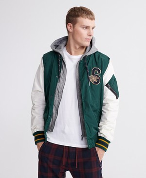 Superdry Varsity Hooded Bomber Férfi Kabát MélyZöld | XMWFD9250